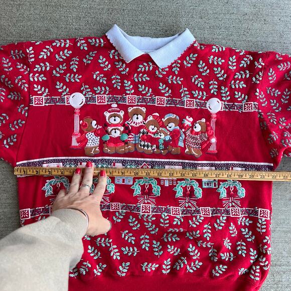 VTG 80s Spumoni Christmas Caroling Teddy Bear Puff Print Sweatshirt Collar M - Picture 6 of 9
